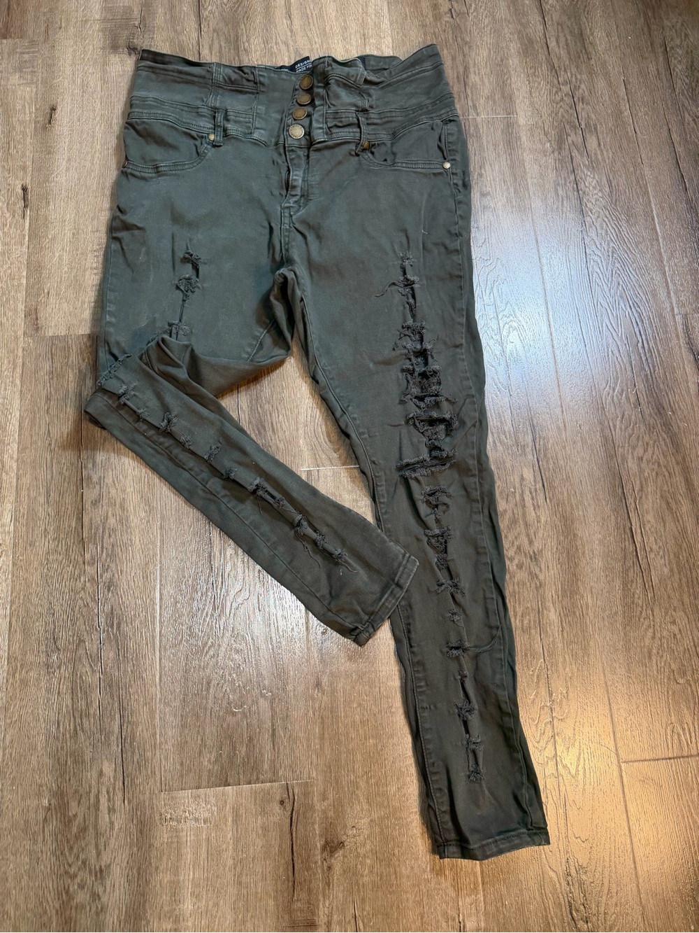 Distressed High-Waist Skinny Jeans in Olive Green